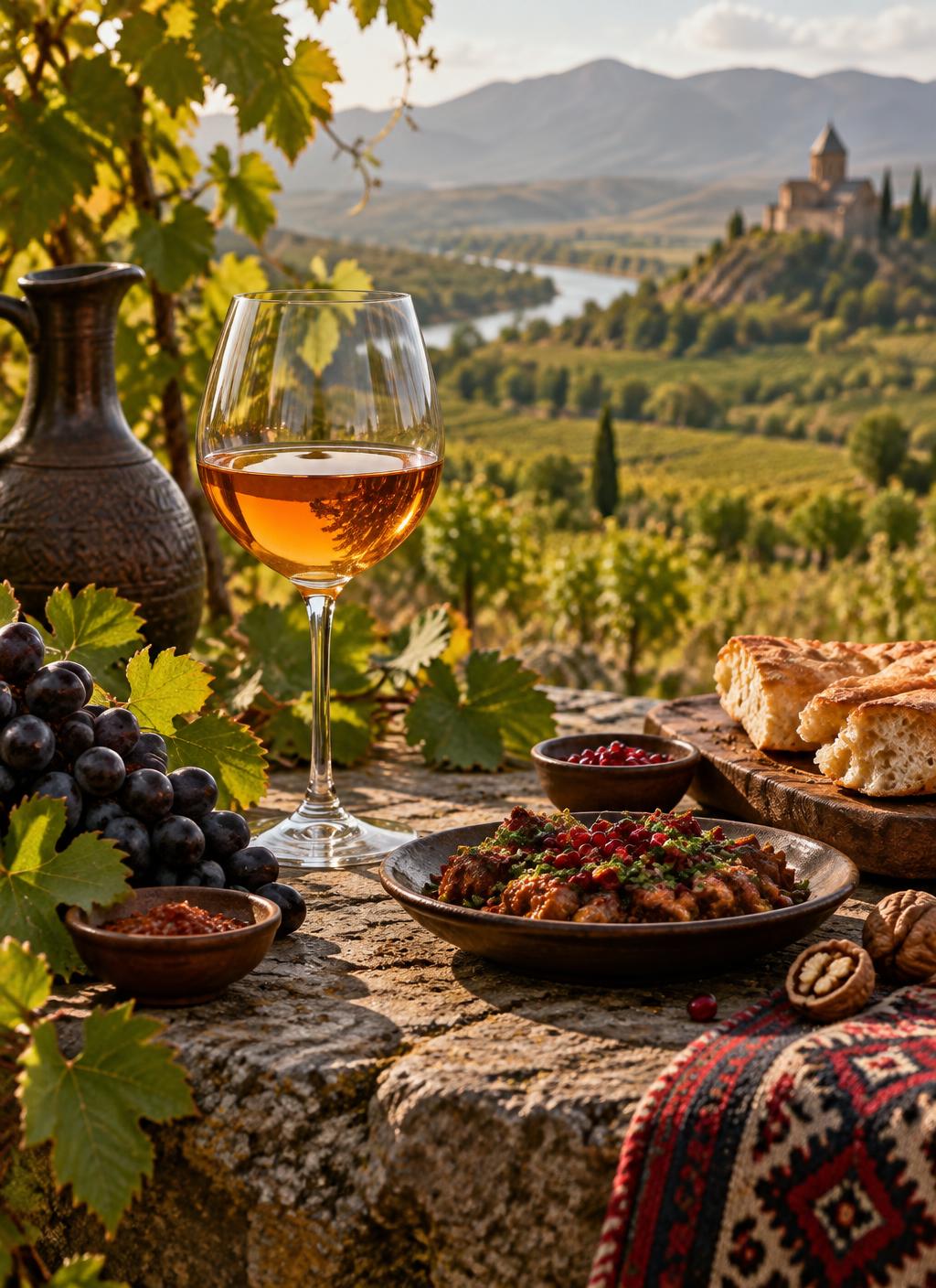 Georgischer Wein und Spezialitäten mit Blick über die Weinberge